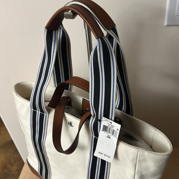 Lauren Lora Canvas Leather Off White Nautical Striped Snap Close Tote